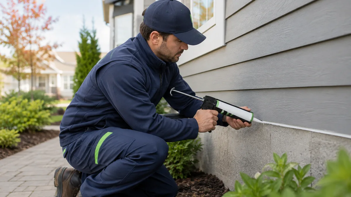 Technician sealing a home’s exterior as a long-term prevention measure