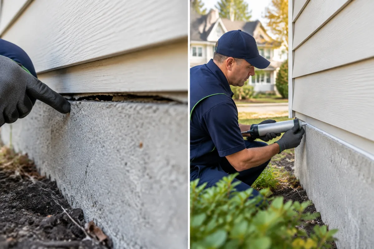 Before-and-after of a sealed foundation gap Before-and-after of a sealed foundation gap