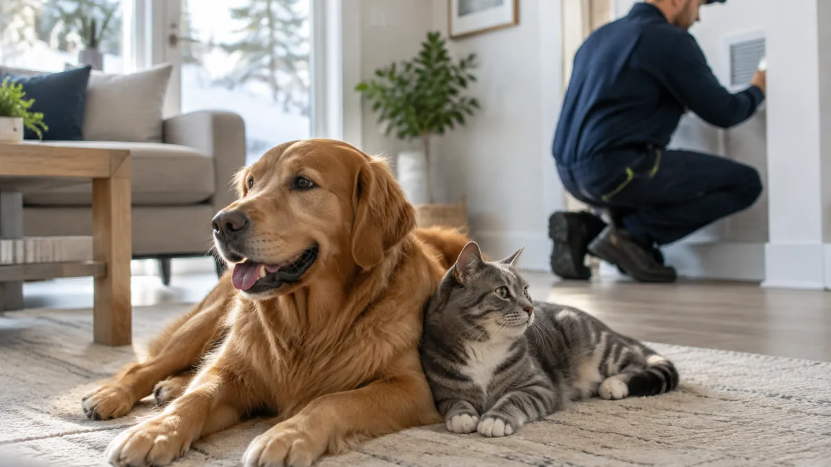 Dog and cat resting safely at home with a technician in the background