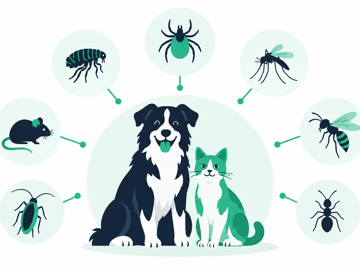 Infographic of seven pest risks to pets (fleas, ticks, rodents, wasps)