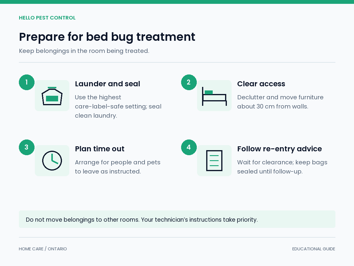 Bed bug treatment preparation — explainer Bed bug preparation guide: seal laundry, clear access, arrange time out and follow re-entry instructions.