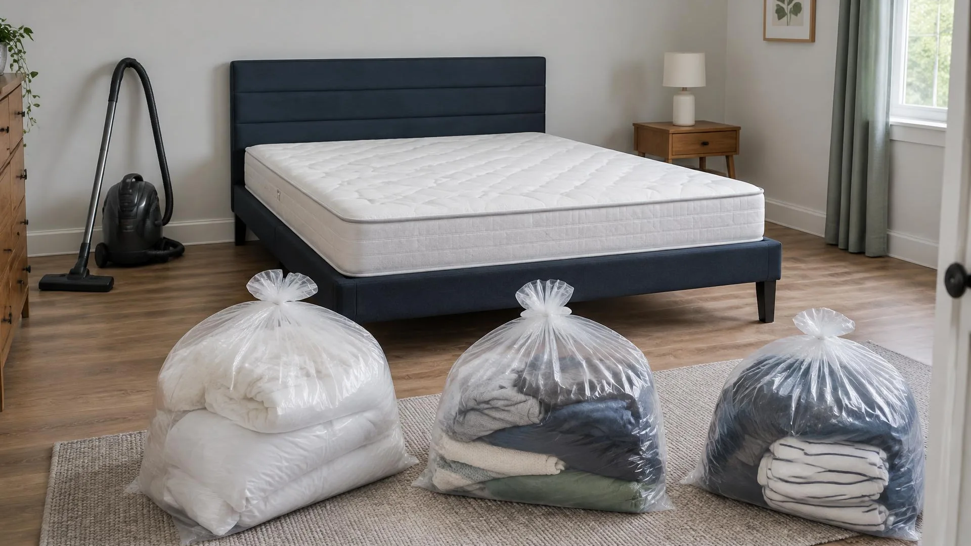 Bed bug treatment preparation — Hello Pest Control Sealed bags of bedding and clothes sit in a cleared bedroom beside a bare mattress and vacuum.