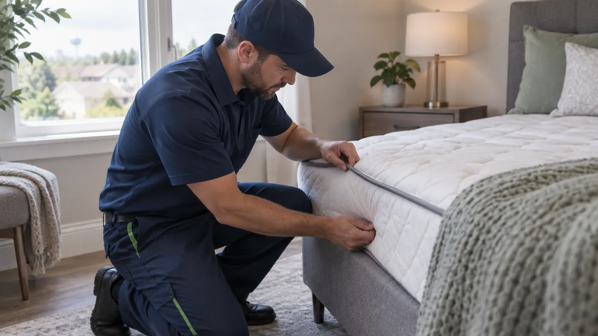 Bed Bugs in Ajax or Oshawa: Fast Removal Tips Technician inspecting a mattress seam in a Durham Region bedroom