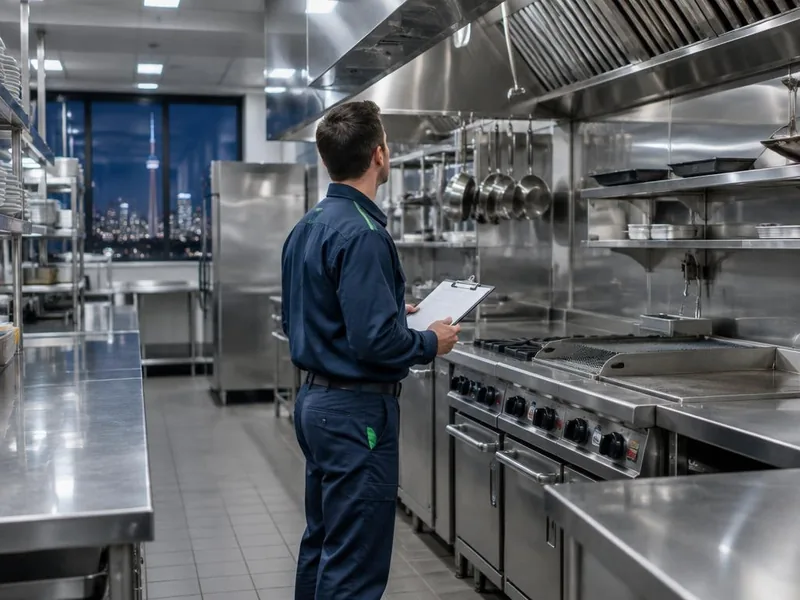 Commercial pest control Technician inspecting a commercial kitchen in the GTA