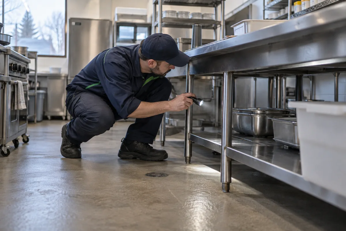 Commercial pest control Technician inspecting a commercial restaurant kitchen for signs of pests