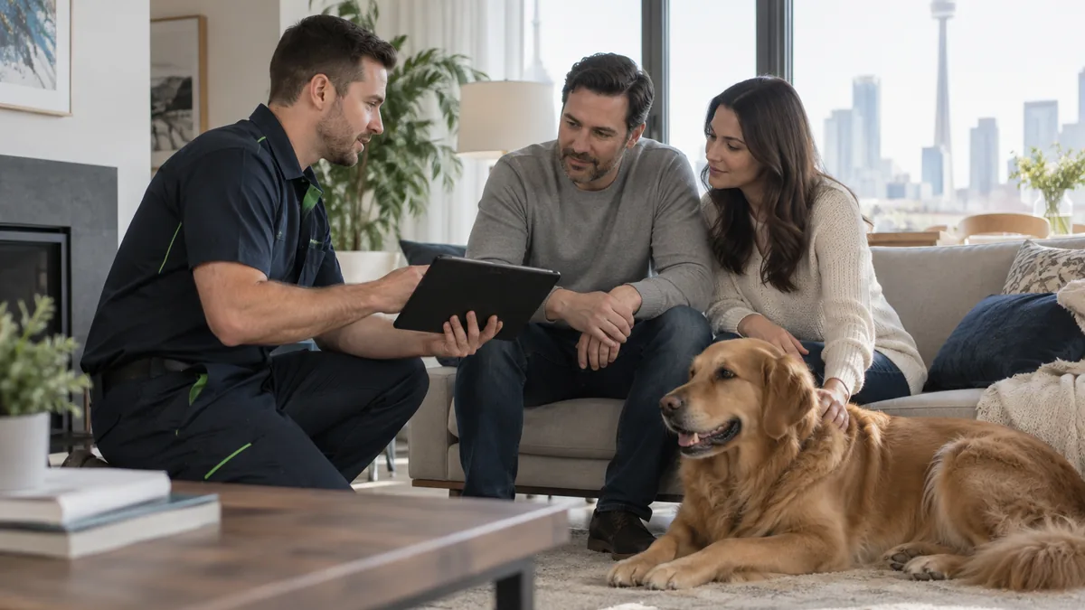 Family and dog in a Toronto living room while a technician explains the plan