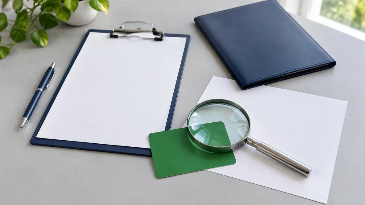 A blank clipboard, document folder, pen and magnifying glass illustrate checking pest-control paperwork.