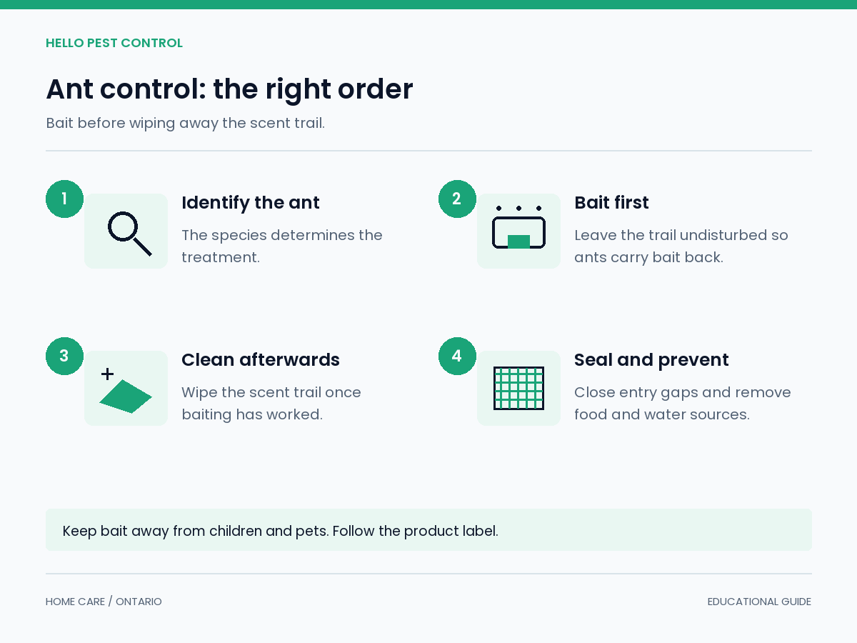 How to get rid of ants — explainer Four-step ant control guide: identify the species, bait, wipe the trail after baiting, then seal gaps.