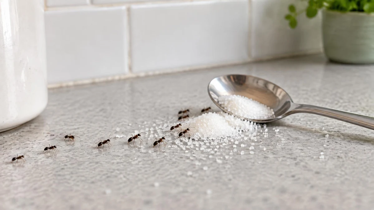 Ants follow a trail toward spilled sugar beside a spoon on a kitchen counter.