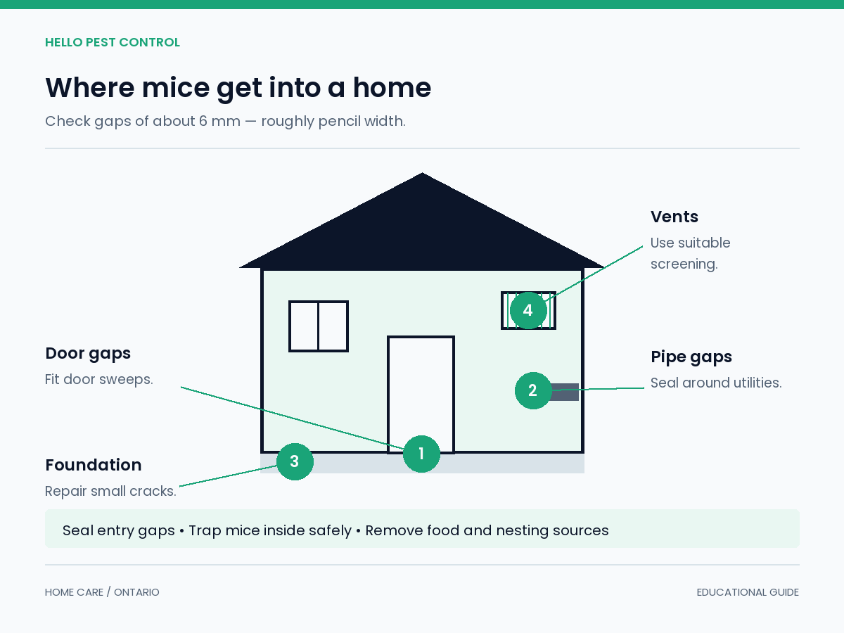 House diagram marking mouse entry points at a door, pipe penetration, foundation crack and screened vent.