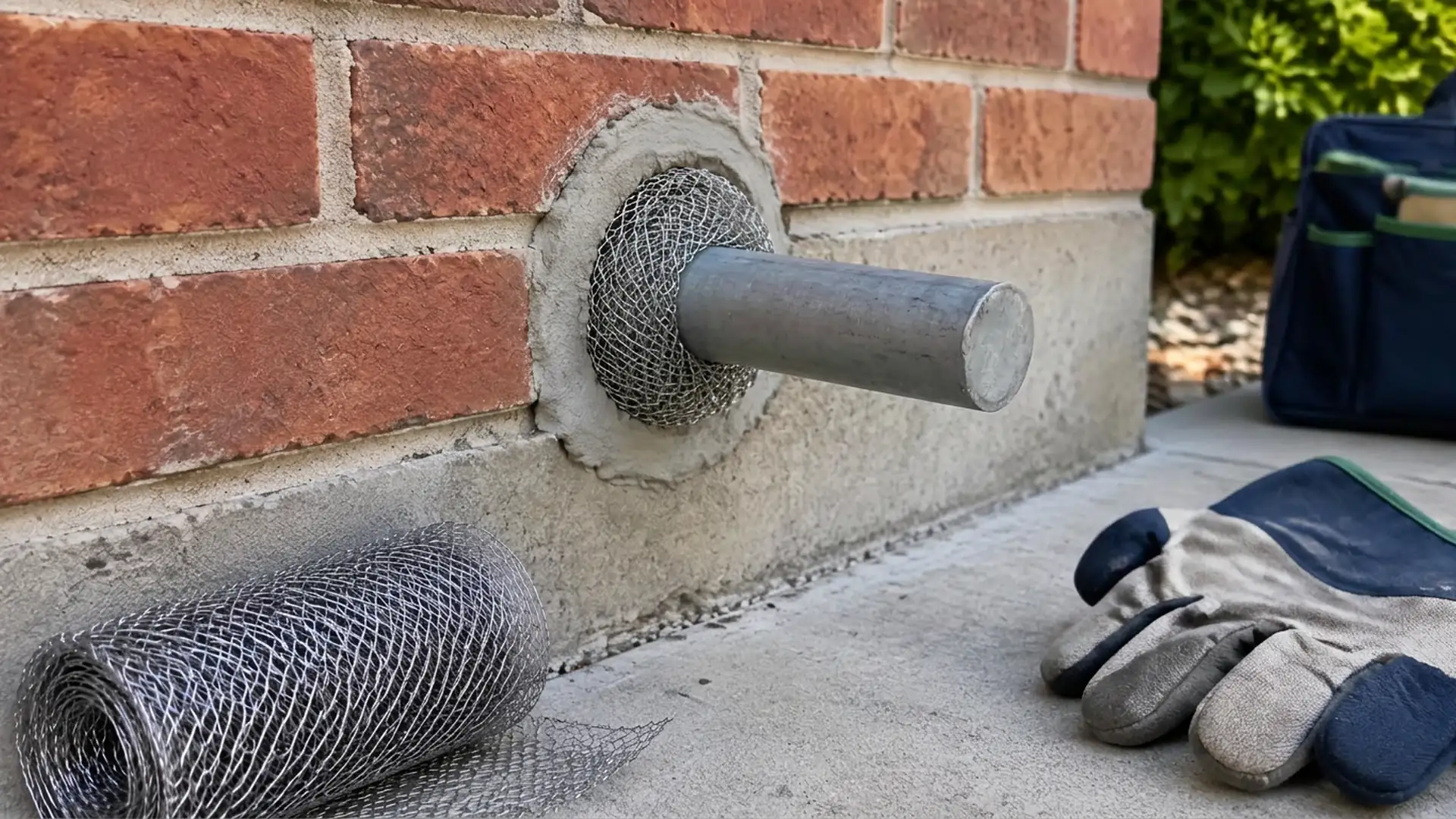 Steel exclusion mesh surrounds a solid conduit at a brick wall, with mesh and work gloves nearby.