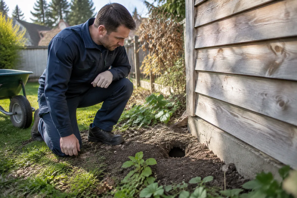 Rat burrow near a garden shed