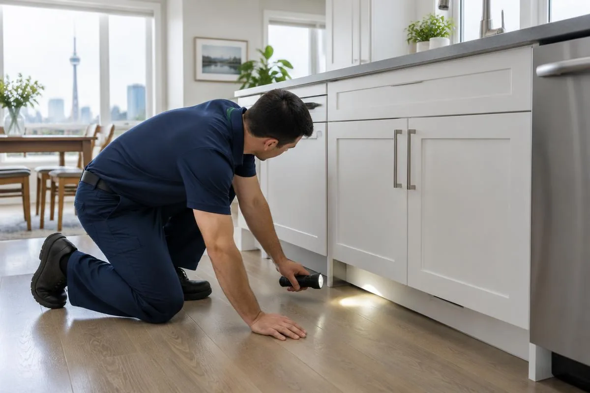 20+ years of GTA pest control Licensed Hello Pest Control technician inspecting a kitchen for signs of pests