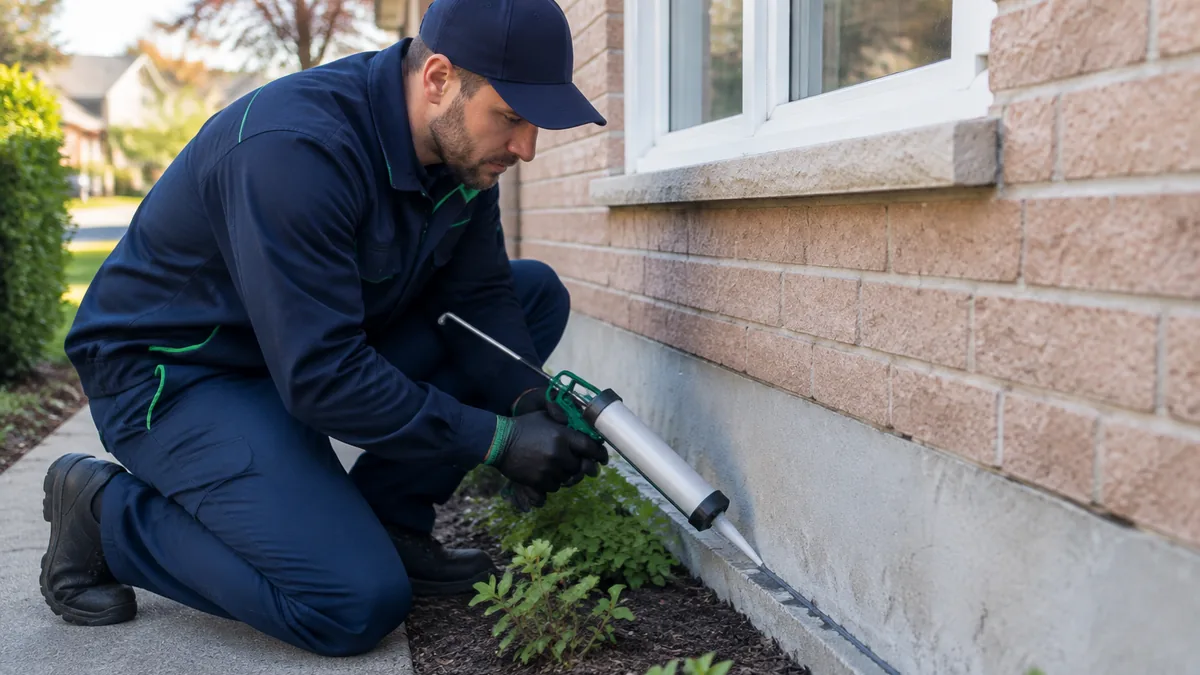 Technician sealing a gap on a Scarborough bungalow foundation