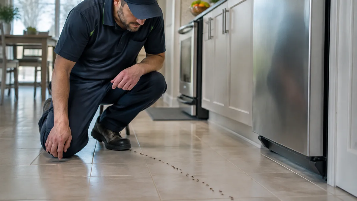Ant trail across a kitchen floor in a Pickering home