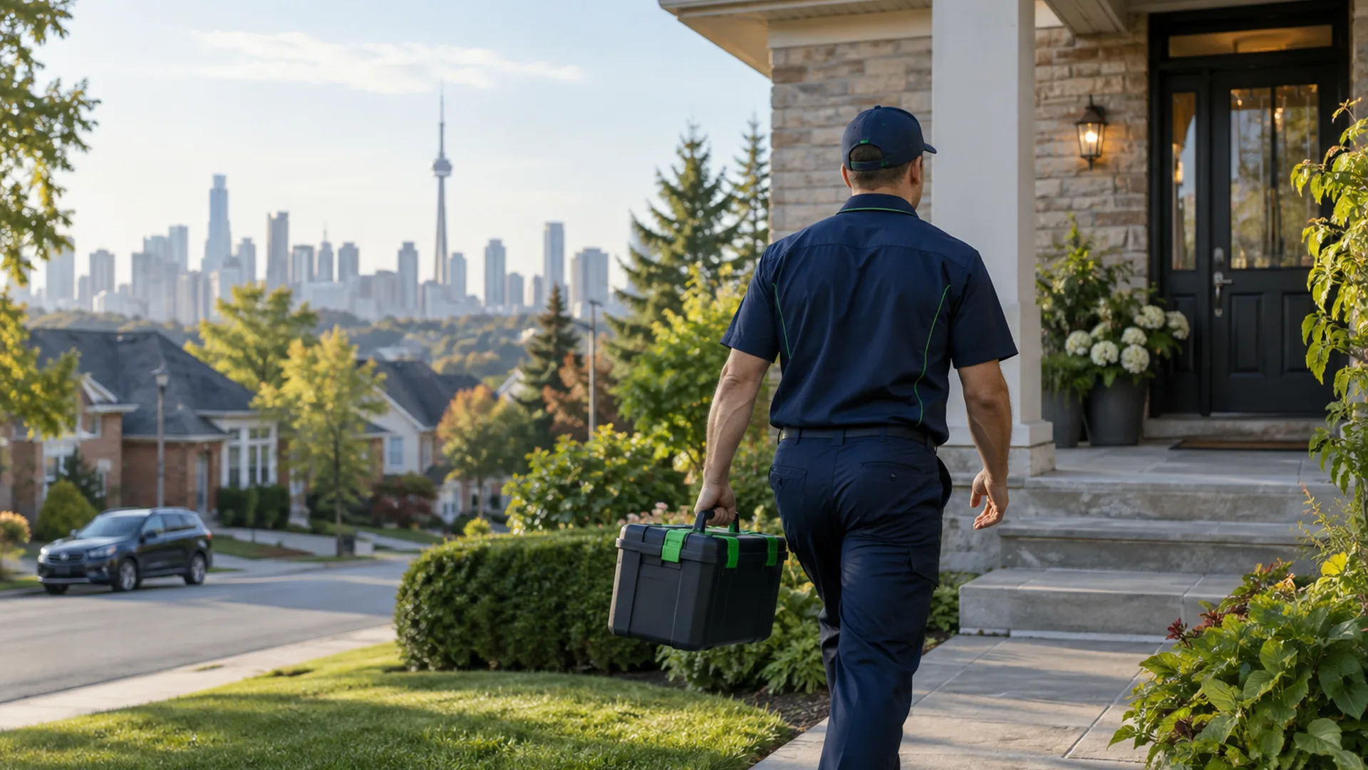 Pest control across the GTA Hello Pest Control technician arriving at a GTA home with the Toronto skyline in the distance