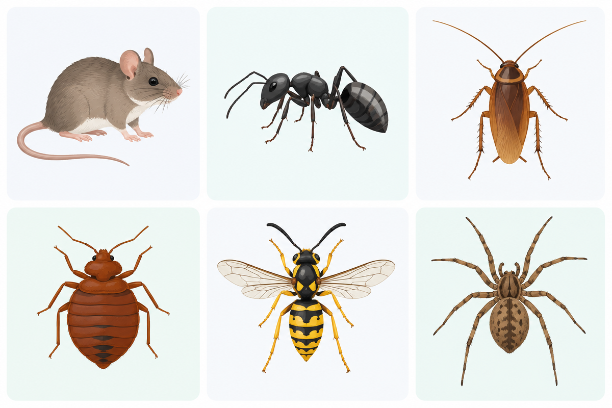 Grid of common ontario household pests: mouse, ant, cockroach, bed bug, wasp, spider (illustration)