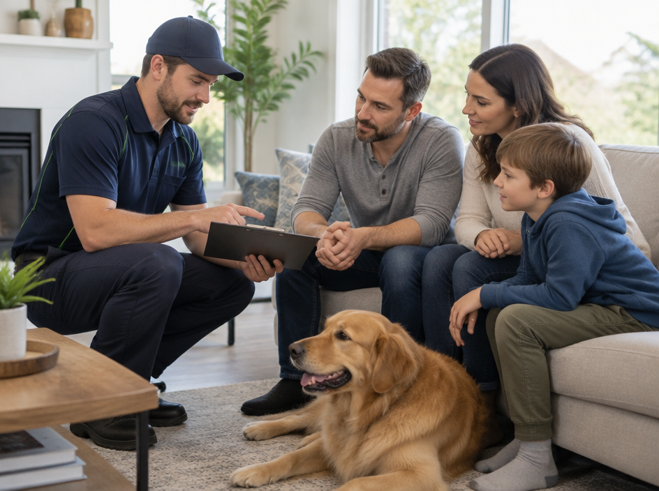 Technician explaining the treatment plan to a family with a dog