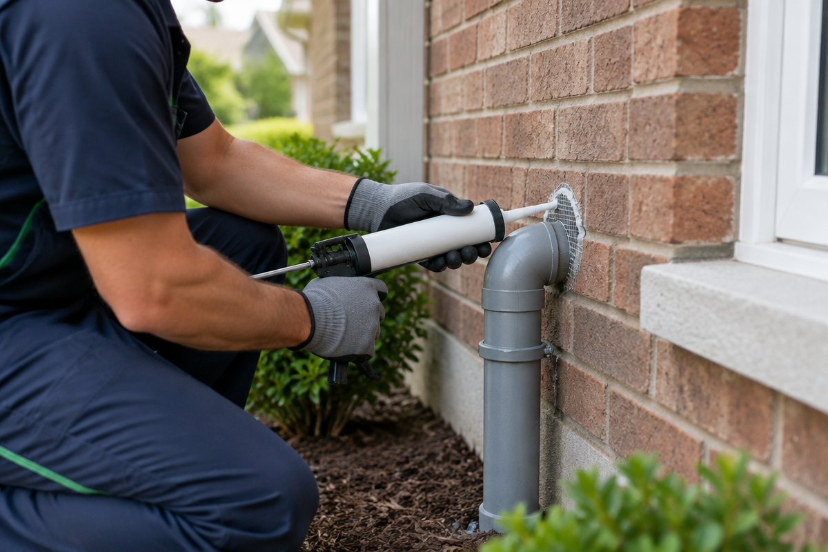 Technician sealing an exterior entry point during a prevention visit