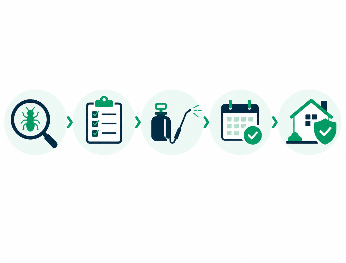 Pest Control (all services) process: inspection, treatment plan, treatment, follow-up and prevention