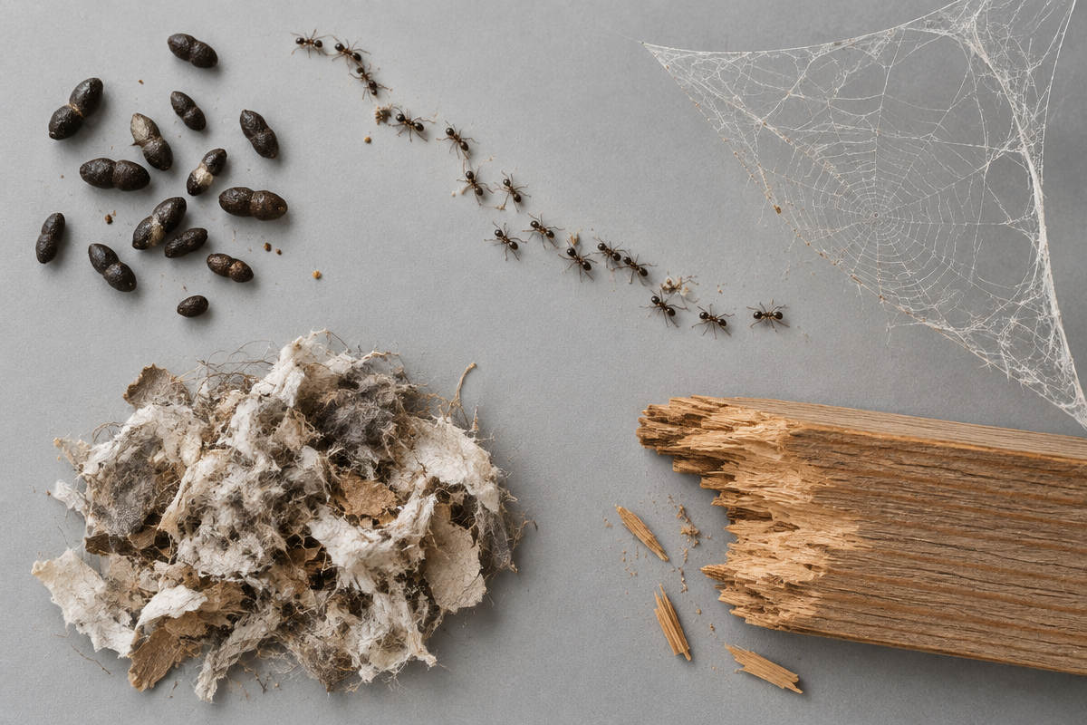 Common warning signs collage: droppings, trails, webs, nests, gnaw marks