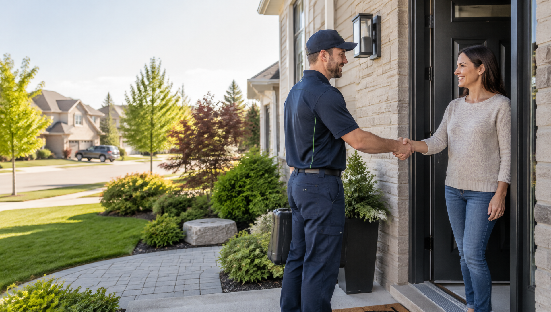 Hello Pest Control licensed technician greeting a homeowner at the front door of a GTA home