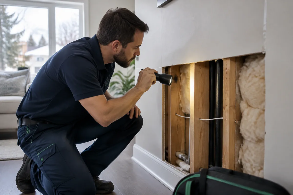 Technician inspecting a wall void with a flashlight