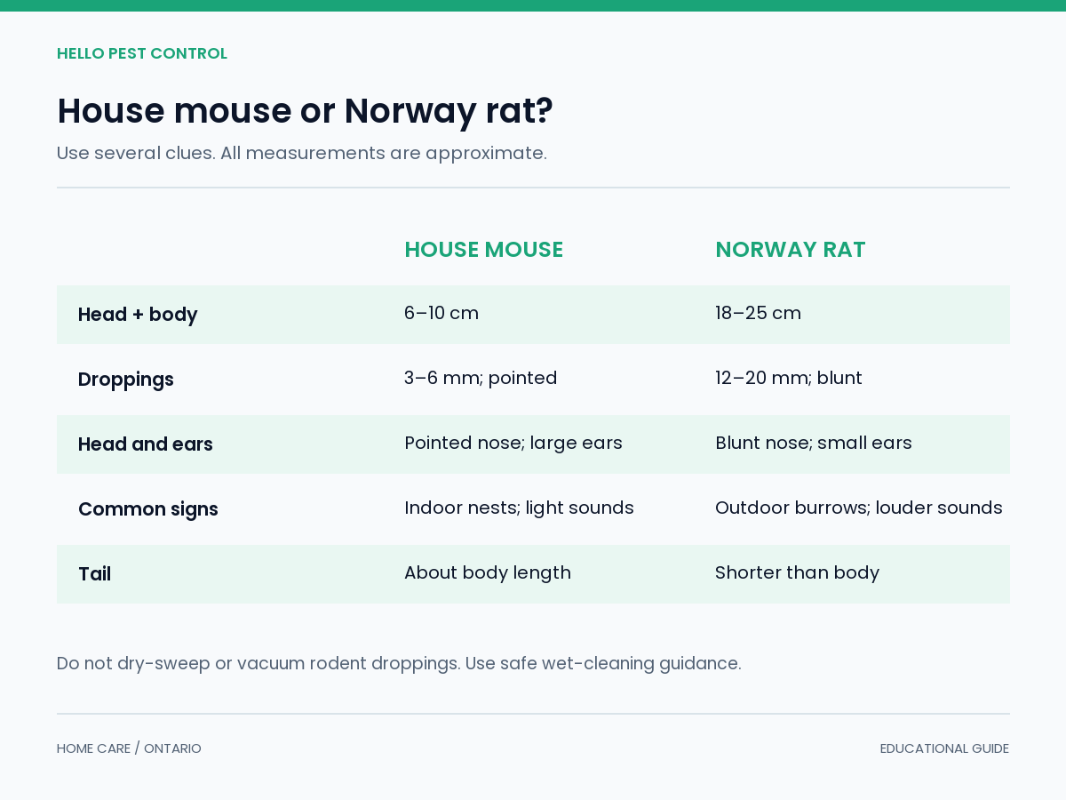 Tableau comparatif de la longueur, des excréments, des oreilles et des signes de nidification des souris et des rats.