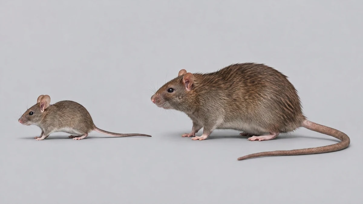 Illustrative comparison of a small house mouse on the left and a larger brown Norway rat on the right.