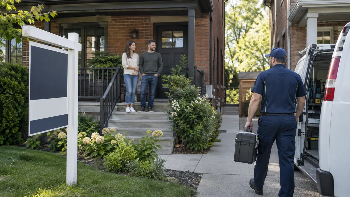 Toronto semi-detached home with a “for sale” sign and technician van