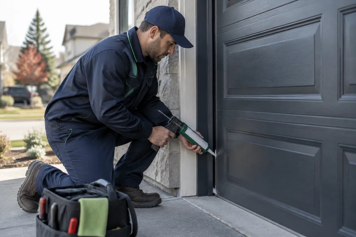 Technician sealing a garage door corner