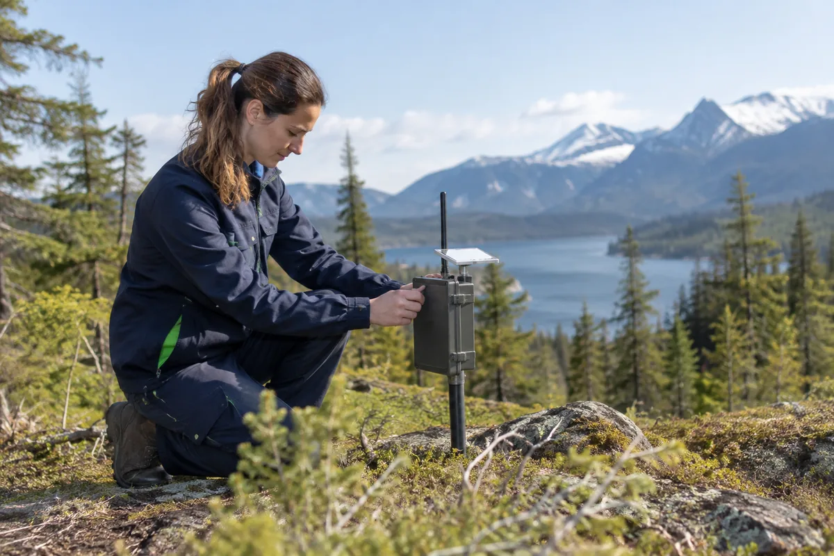 Technician placing a monitoring station Technician placing a monitoring station