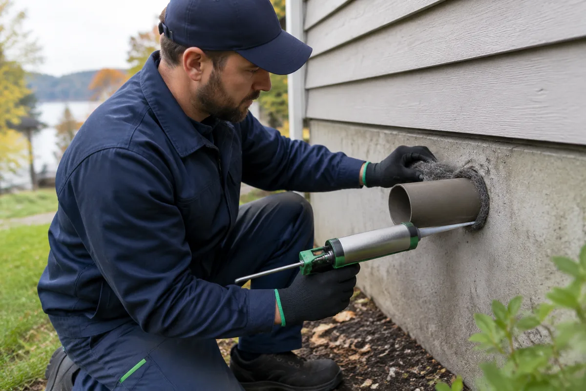 Home pest control Technician sealing a gap around a pipe to keep mice out of a GTA home