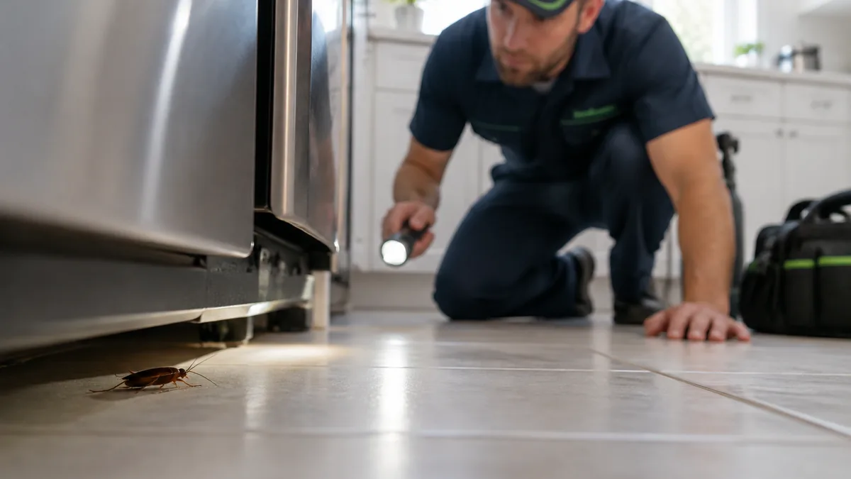 The Favourite Season for Cockroaches — and the Solution Cockroach under a kitchen appliance in warm weather (illustrative)