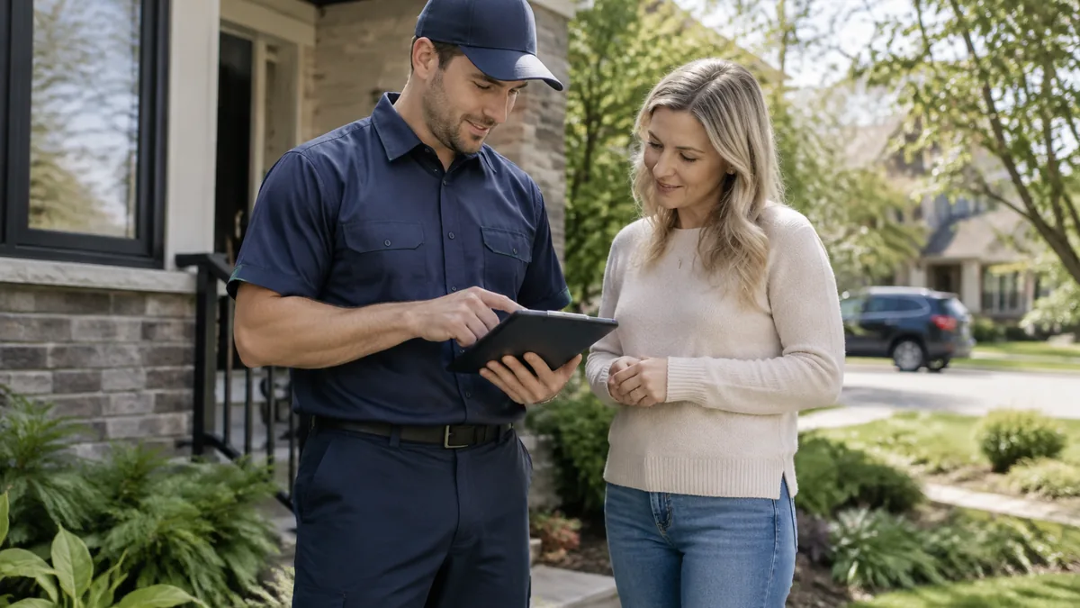 Technician and homeowner reviewing a prevention plan