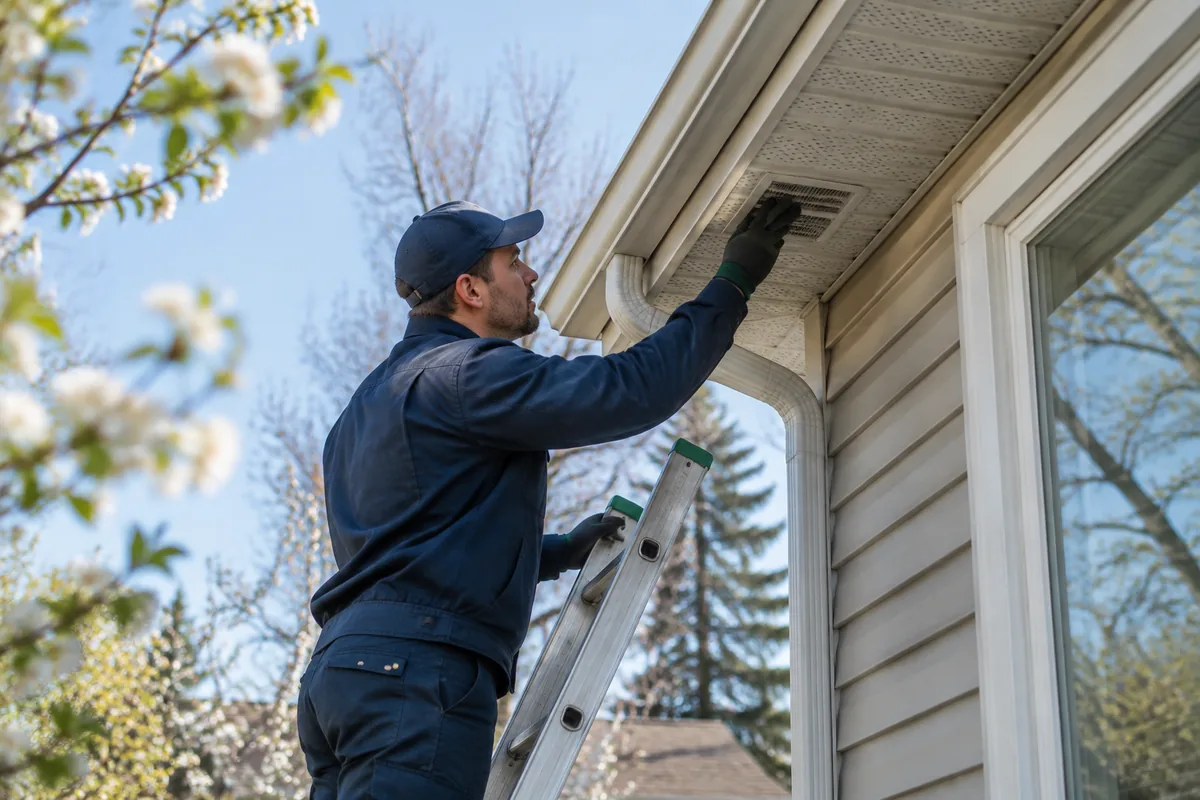 Technician checking attic vents in spring