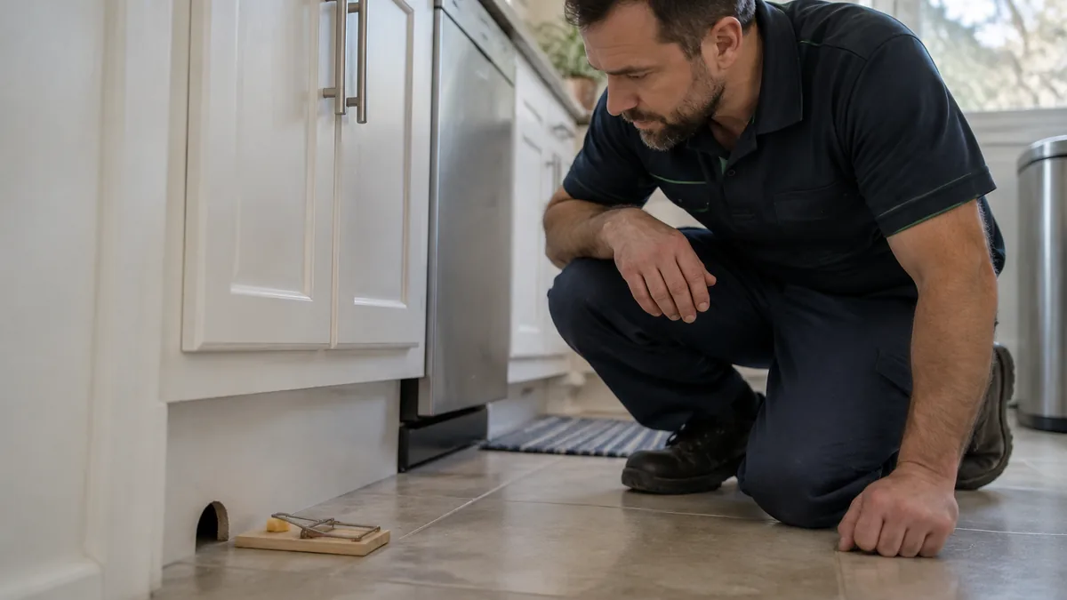 Unused snap trap beside a mouse entry hole in a Scarborough kitchen