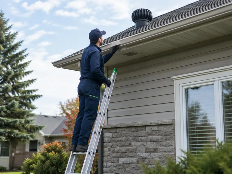 Wildlife control Technician checking a roofline for wildlife entry points